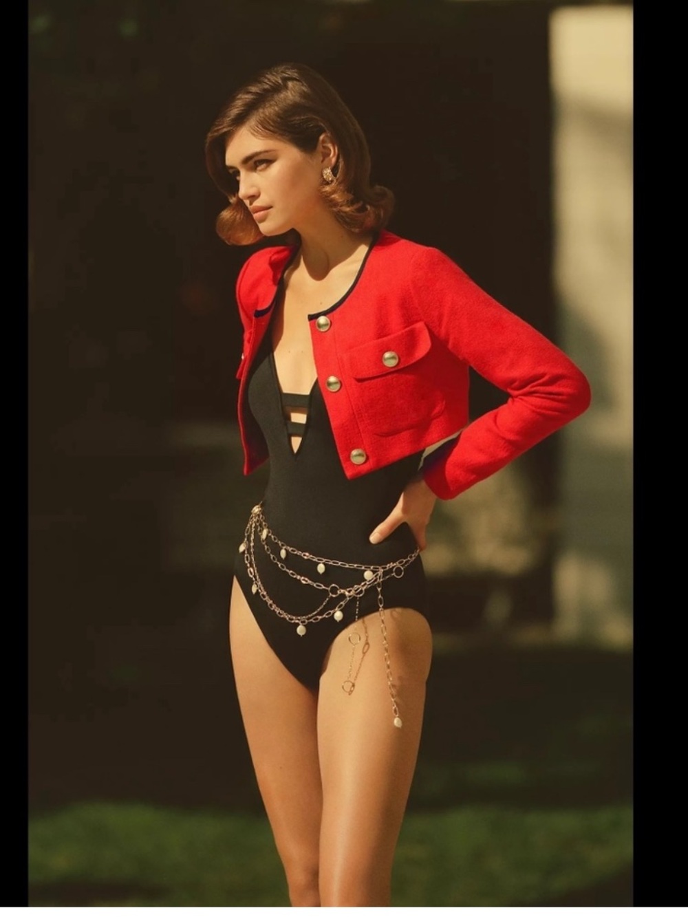 NWT Anthropologie Maeve Cropped Red Tweed Blazer Gold Button Jacket Coquette